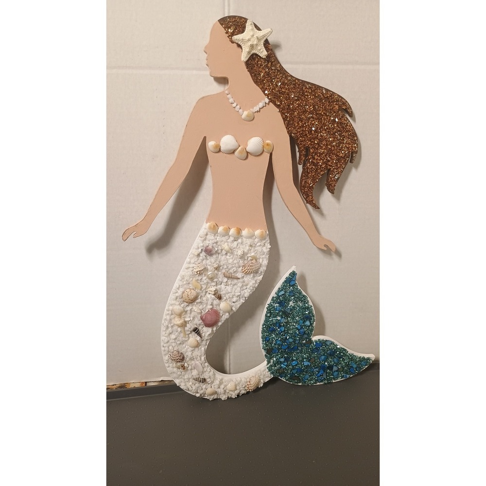 Unbranded Mermaid Wall Decor Art Large Peach Teal Excellent Shell Glass Mosaic